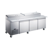 Refrigerated Pizza Prep Table With Three Doors And Spacious Worktop For Efficient Food Preparation.