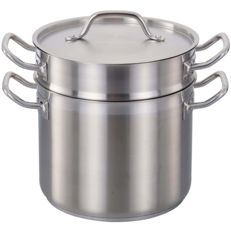 Alt Tag: Omcan 80246 12 QT Stainless Steel Commercial Double Boiler Set, stainless steel double boiler pot with lid and side handles