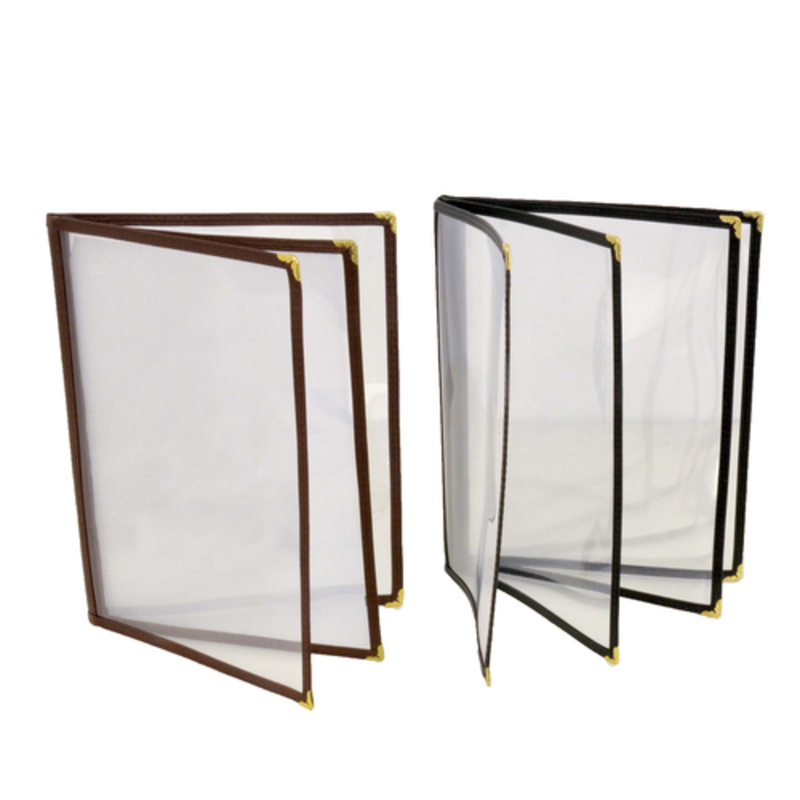 Omcan 39795 Durable Black Vinyl Menu Cover for 10 Letter Size Views with clear protective sleeves, commercial restaurant menu holder