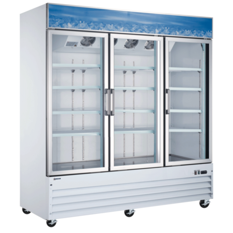 Omcan 50052 78" Wide Three Glass Door Merchandiser Refrigerator For Displaying Products In Supermarkets And Cafés.