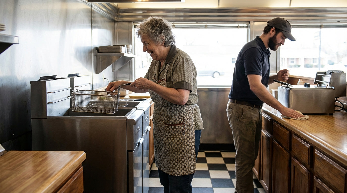 Two restaurant workers cooking in a commercial kitchen, one frying food and another prepping ingredients at a stainless-steel counter