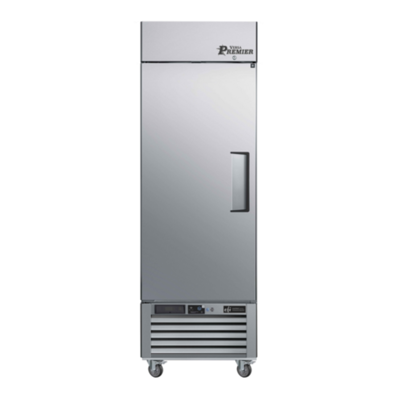 Alt Tag: Versa Premier C1-27VCP-L 27 Inch Single Solid Door Reach-In Refrigerator stainless steel commercial cooler with casters