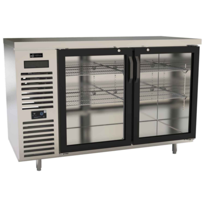 60 Inch Back Bar Refrigerator With Glass Doors And Shelving For Beverage Storage
