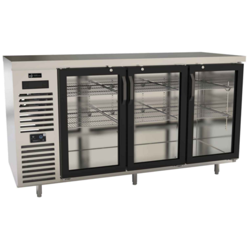 Back Bar Refrigerator With Three Glass Doors And Stainless Steel Exterior For Beverage Storage