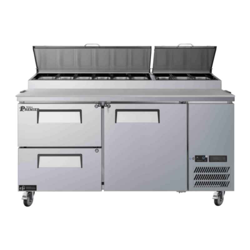 Alt Tag: Versa Premier CPDW2-67VCP 67-inch Refrigerated Pizza Prep Table Cooler stainless steel commercial pizza prep fridge with hinged lids