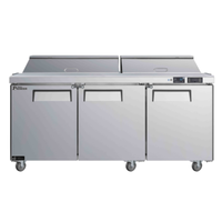 Alt Tag: Versa Premier CSDR3-72VCP 72-Inch Mega Top Sandwich Salad Unit stainless steel commercial prep table with 3 doors