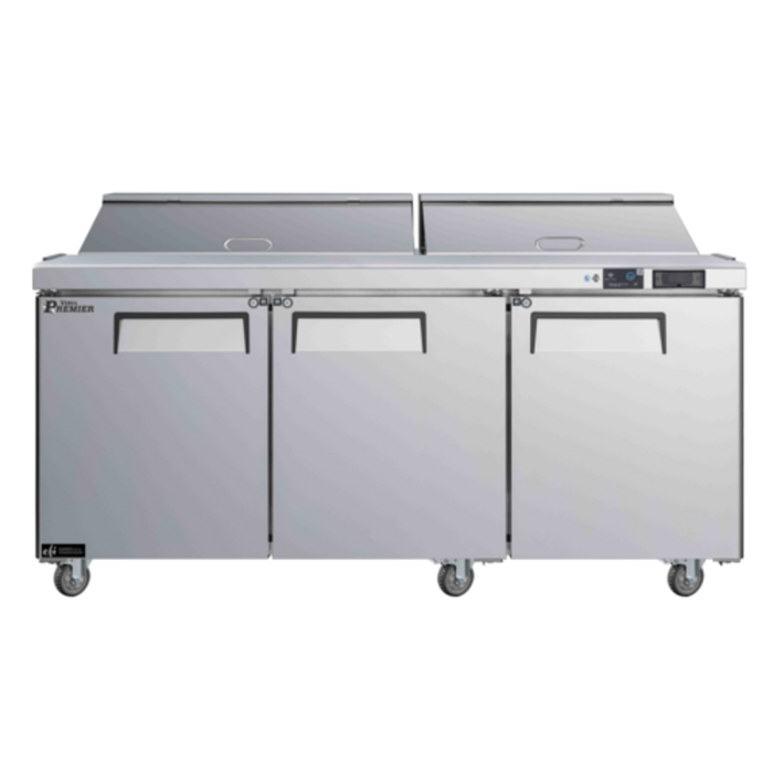 Alt Tag: Versa Premier CSDR3-72VCP 72-Inch Mega Top Sandwich Salad Unit stainless steel commercial prep table with 3 doors