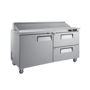 Alt Tag: Versa Premier CSDW2-60VCP 60" Mega Top Sandwich Salad Unit stainless steel prep table with 2 drawers, 1 door, casters