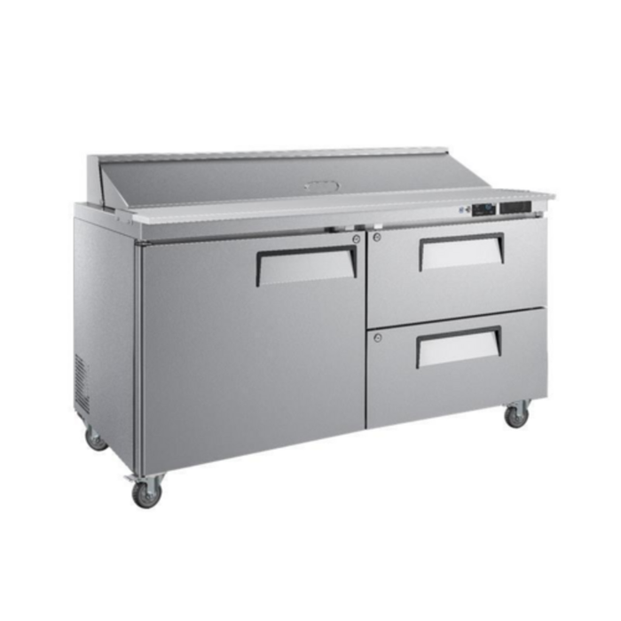 Alt Tag: Versa Premier CSDW2-60VCP 60" Mega Top Sandwich Salad Unit stainless steel prep table with 2 drawers, 1 door, casters