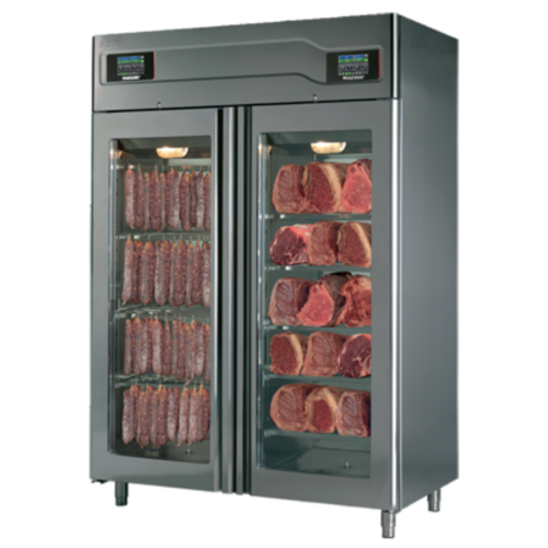 Omcan 44989 58" Combo Meat Curing And Aging Cabinet Showing Cured Meats And Steaks In Dual Zones