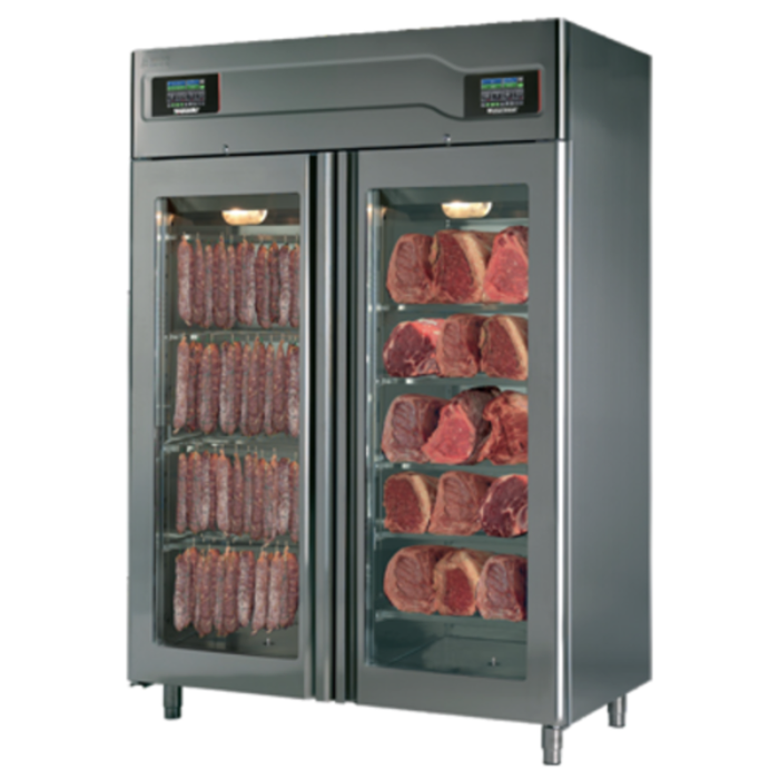 Étiquette alternative : Omcan 44989 58" Armoire combinée de séchage et vieillissement de viande avec portes en verre, tablettes de rangement pour le bœuf à sécher et affinage à sec