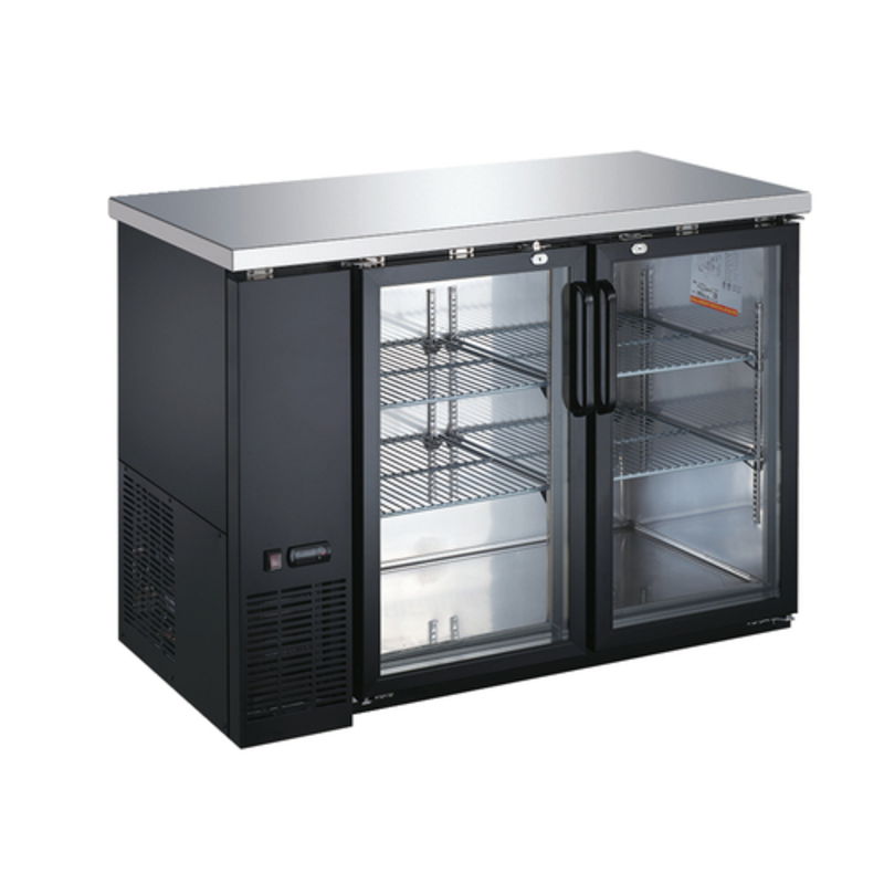 OMCAN 50058 48.8-inch Two-Door Glass Back Bar Bottle Cooler, glass door bottle cooler with black vinyl finish.