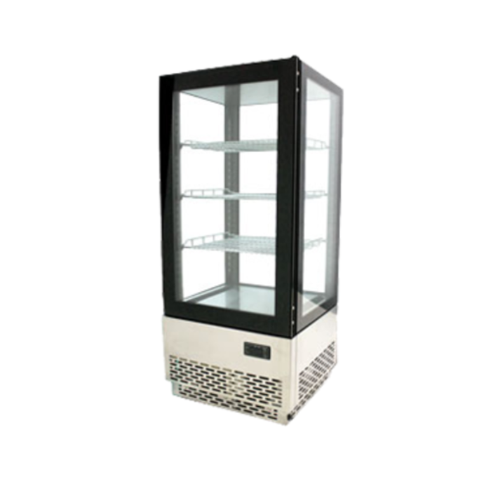 Omcan 39551 17 Inch Four-Sided Glass Countertop Refrigerated Showcase commercial display case with stainless steel base and glass sides