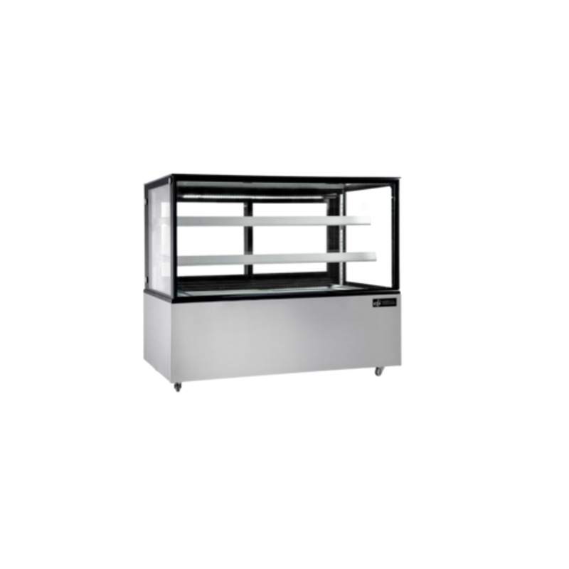 Flat Glass Neutral Showcase Display Case For Non-Refrigerated Baked Goods And Pastries With Sleek Design And LED Lighting.