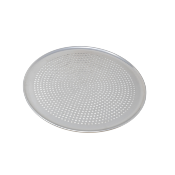 Alt Tag: Omcan 44553 14-inch Non-Stick Aluminum Dark Pizza Pan for Professional Bakeries perforated aluminum pizza pan