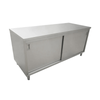 Omcan 44186 60-inch Stainless Steel Commercial Work Table with Sliding Doors for kitchen storage.
