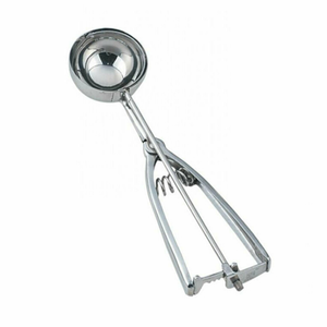 Alt Tag: Omcan 34855 Commercial Stainless Steel Standard Round Bowl Disher 3.2 oz Capacity stainless steel portion scoop with trigger handle