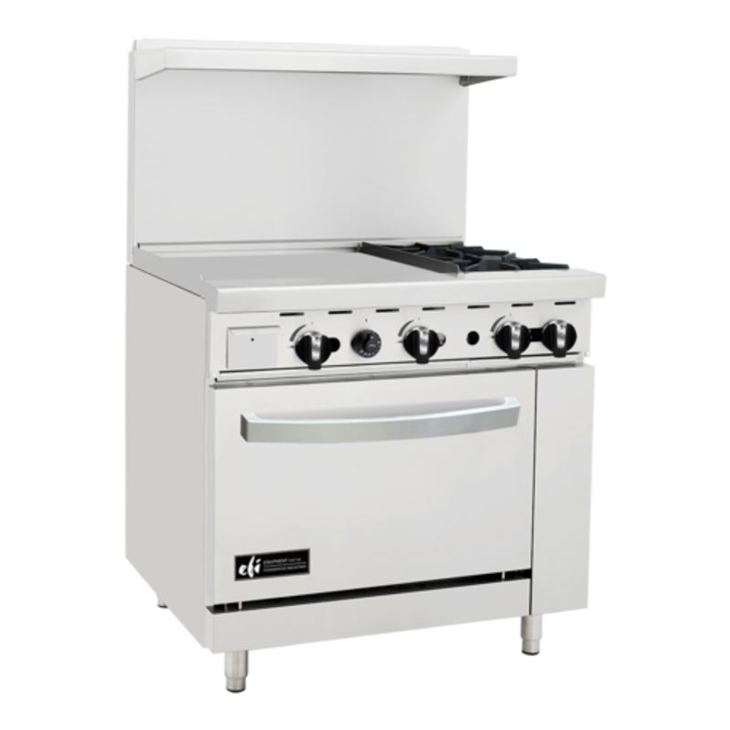 36 Inch Gas Restaurant Range With Griddle Featuring A 24 Inch Griddle And Two Open Burners