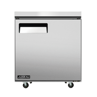 Alt Tag: Omcan 58010 27.6 Inch Stainless Steel Juneau Undercounter Refrigerator front view, stainless steel commercial undercounter fridge