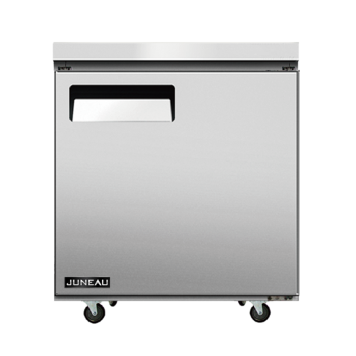 Étiquette alternative : Omcan 58010 réfrigérateur Juneau sous le comptoir en acier inoxydable de 27,6 pouces vue de face, réfrigérateur commercial en acier inoxydable sous le comptoir