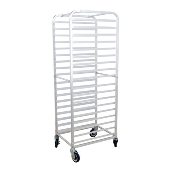 OMCAN 27054 Aluminum Pan Rack with 18 Pan Capacity, curve top 18-slide commercial sheet pan rack with casters