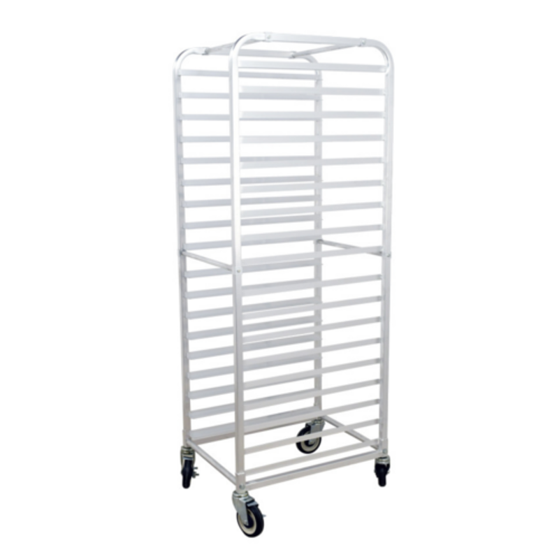 OMCAN 27054 Aluminum Pan Rack with 18 Pan Capacity, curve top 18-slide commercial sheet pan rack with casters