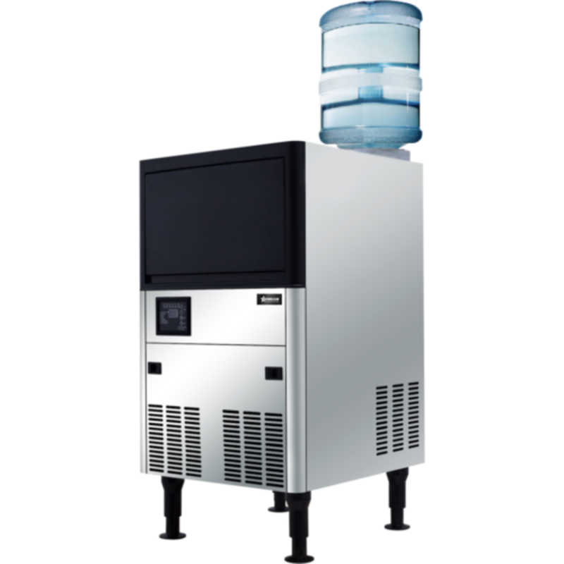 Omcan 48054 20-Inch Cube-Style Dual Water Input Ice Maker with top-mounted water jug, compact commercial ice machine