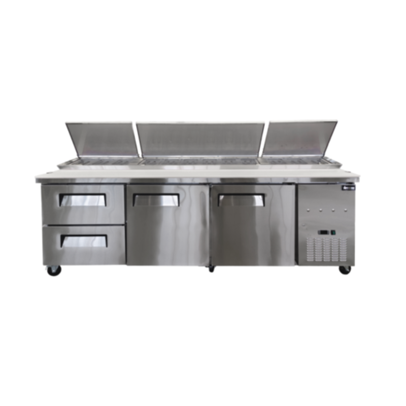 Refrigerated Pizza Prep Table Featuring Stainless Steel Design With Drawers And Top Rail Area For Pans