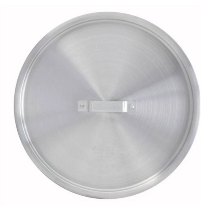 Alt Tag: Omcan 43387 Aluminum Lid for 100 qt Stock Pot, 19.75-inch diameter commercial stock pot cover with handle, top view