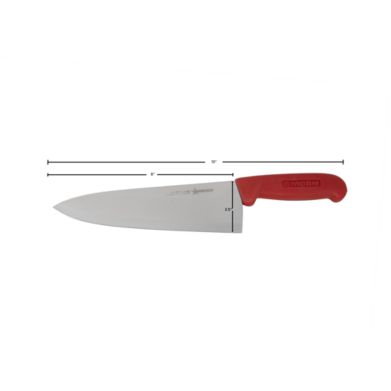 Alt Tag: OMCAN 12008 8-Inch Professional Stainless Steel Chef Knife Red Handle, stainless steel blade with red handle, size diagram
