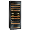 Alt Tag: Omcan 47149 290 Bottle Capacity Dual Zone Wine Cellar tall glass-door wine cooler with wood shelves and wine bottles