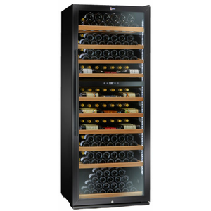 Alt Tag: Omcan 47149 290 Bottle Capacity Dual Zone Wine Cellar tall glass-door wine cooler with wood shelves and wine bottles