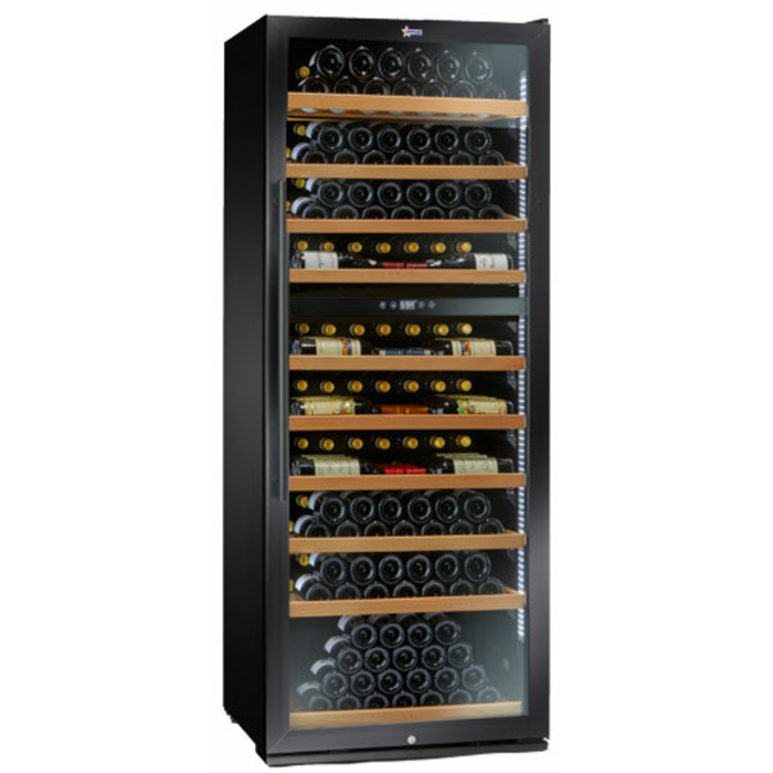 Alt Tag: Omcan 47149 290 Bottle Capacity Dual Zone Wine Cellar tall glass-door wine cooler with wood shelves and wine bottles