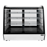 Alt Tag: OMCAN 47968 60-Inch Countertop Curved Glass Refrigerated Display Case with curved glass front and three-tier wire shelves