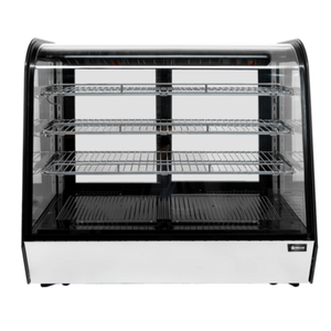 Alt Tag: OMCAN 47968 60-Inch Countertop Curved Glass Refrigerated Display Case with curved glass front and three-tier wire shelves