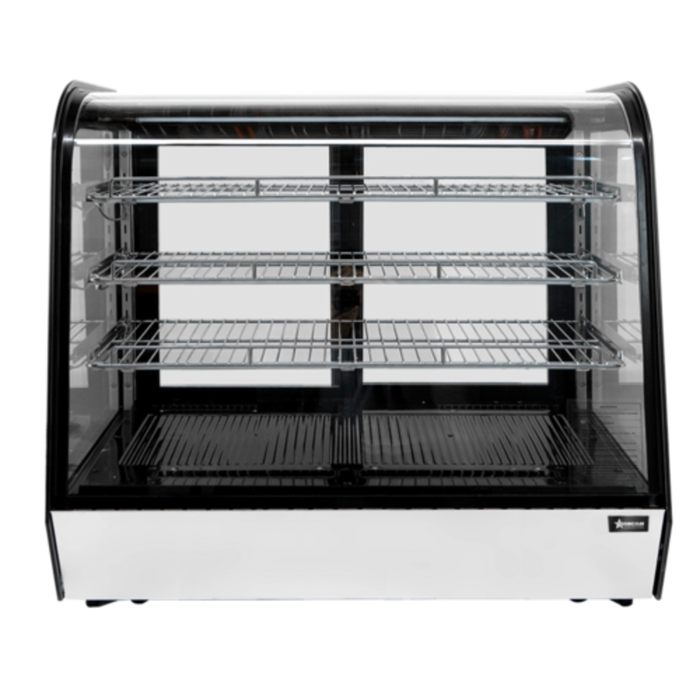 Alt Tag: OMCAN 47968 60-Inch Countertop Curved Glass Refrigerated Display Case with curved glass front and three-tier wire shelves