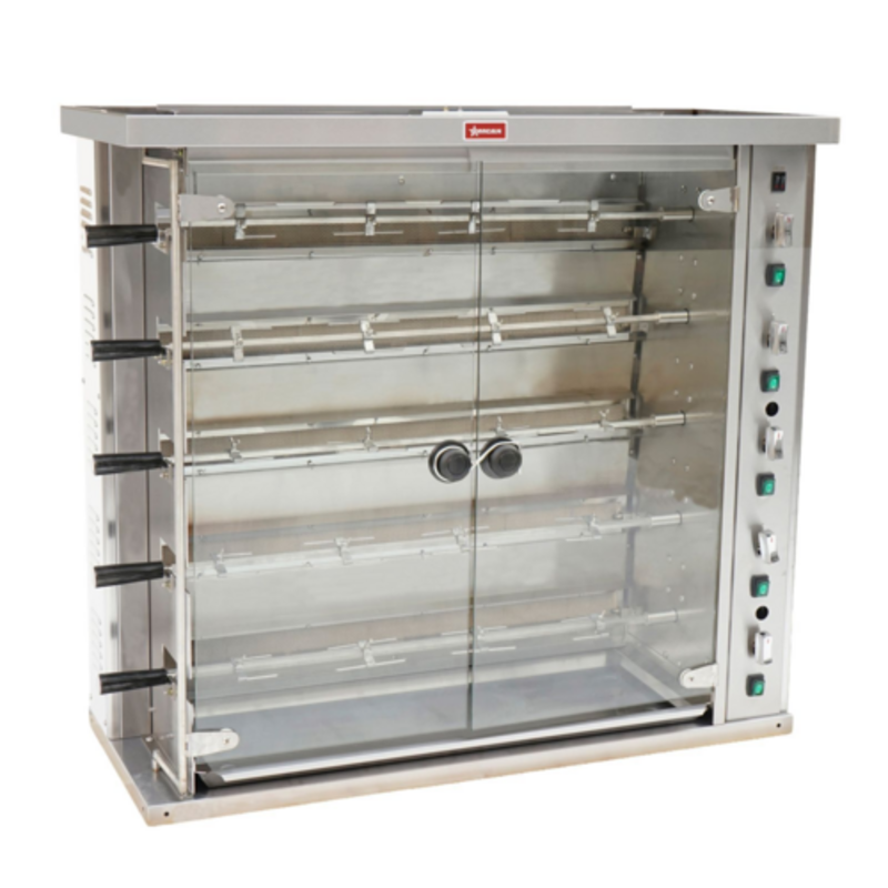 Tag alternatif : Omcan 47495 Poulet 20 poulets Rôtisserie horizontale à gaz naturel Grillisserie horizontale commerciale avec 5 broches et portes vitrées