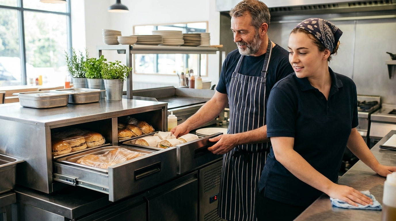 Bakery staff preparing fresh bread and pastries in a commercial kitchen, organizing trays in a stainless steel oven station