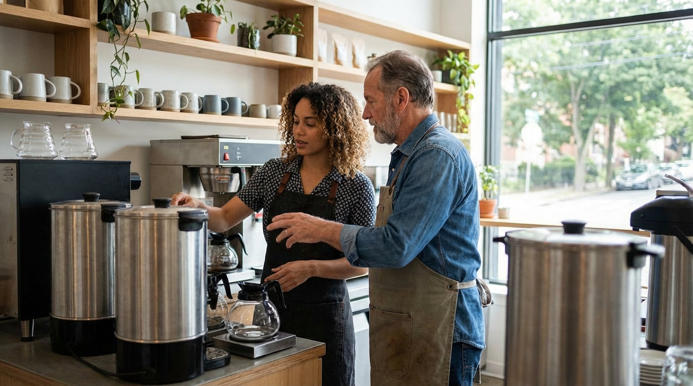 Barista training in modern coffee shop as two people prepare espresso and pour coffee beside stainless steel brewers