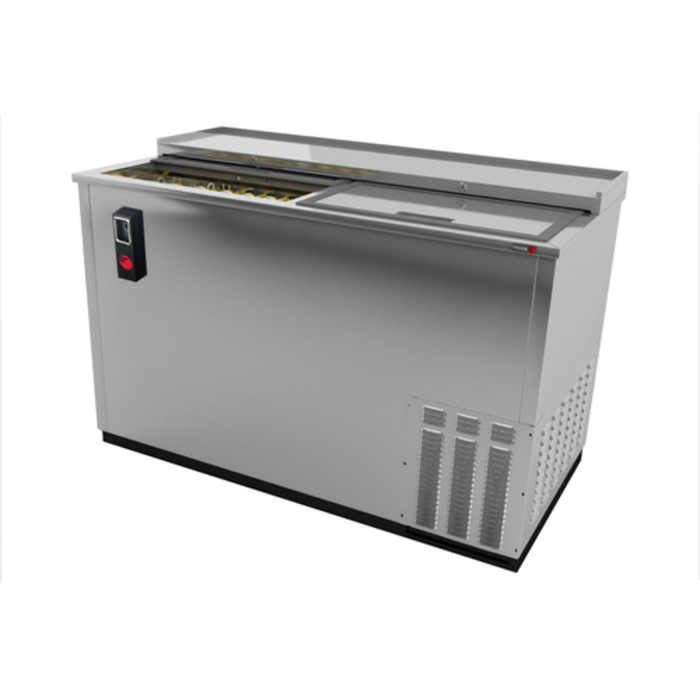 Alt Tag: Fagor 50.5-inch Stainless Steel Slide Top Horizontal Bottle Cooler commercial bar refrigerator with sliding top lid, stainless steel finish