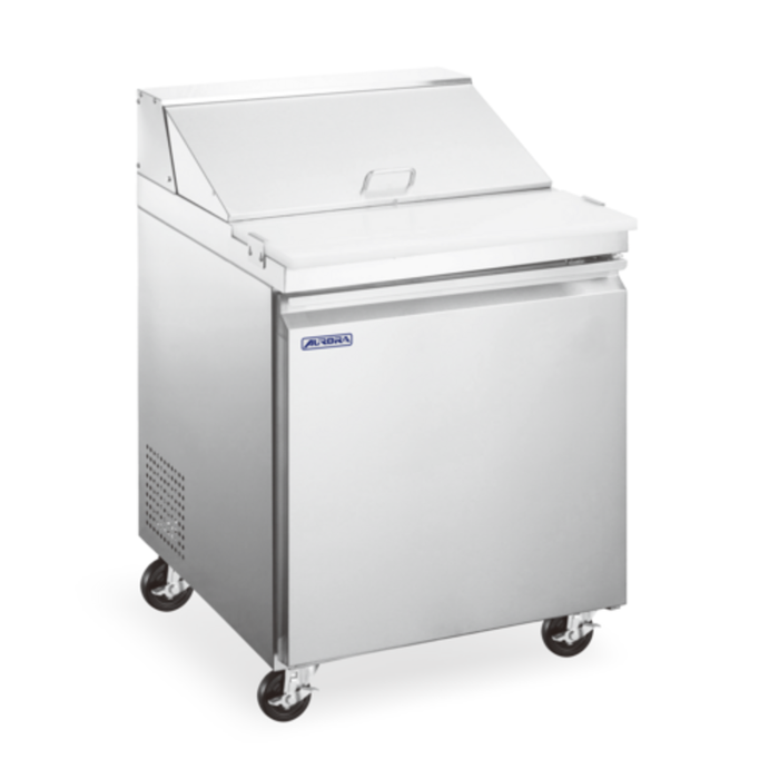 Alt Tag: OMCAN 59045 Aurora Series 28" Refrigerated Sandwich Salad Prep Table stainless steel refrigerated sandwich/salad prep table with lid