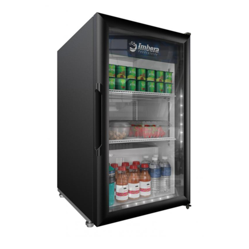 Countertop Refrigerator Merchandiser With Glass Door Showcasing Beverages And Snacks In A Compact Design