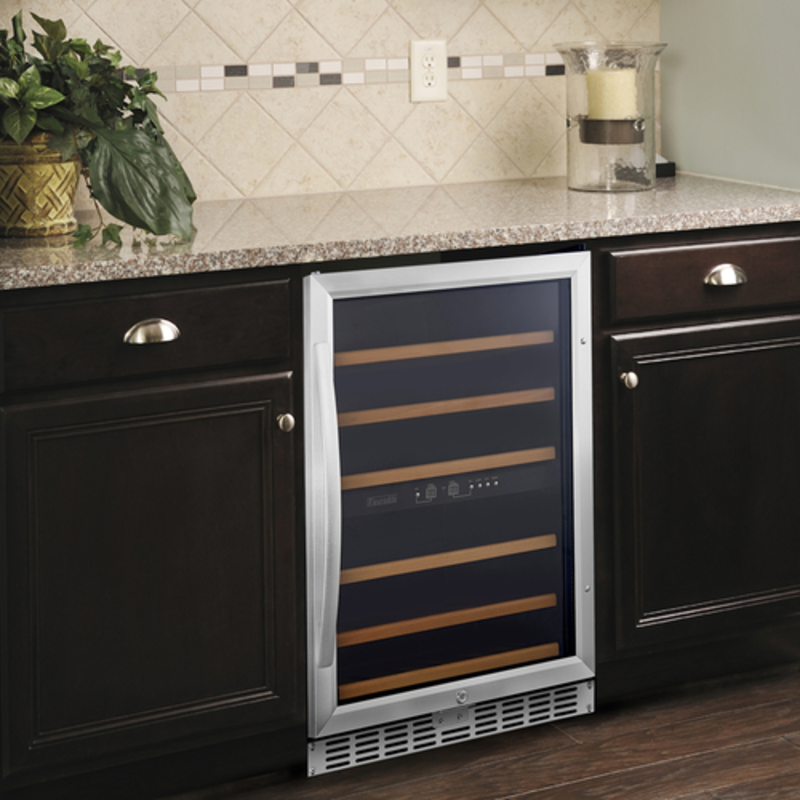Urban Style Wine Cellar Cabinet Installed Under Counter With Glass Door And Wooden Shelves, Perfect For Wine Collection