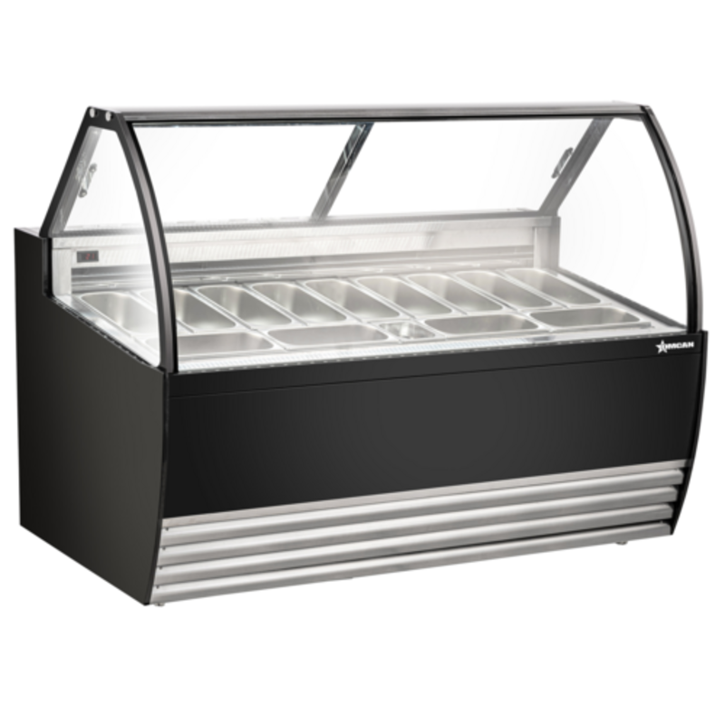 Alt Tag: OMCAN 49008 69.4" Black Curved Glass Gelato Dipping Display Case black curved glass showcase with 13 pan dipping tubs