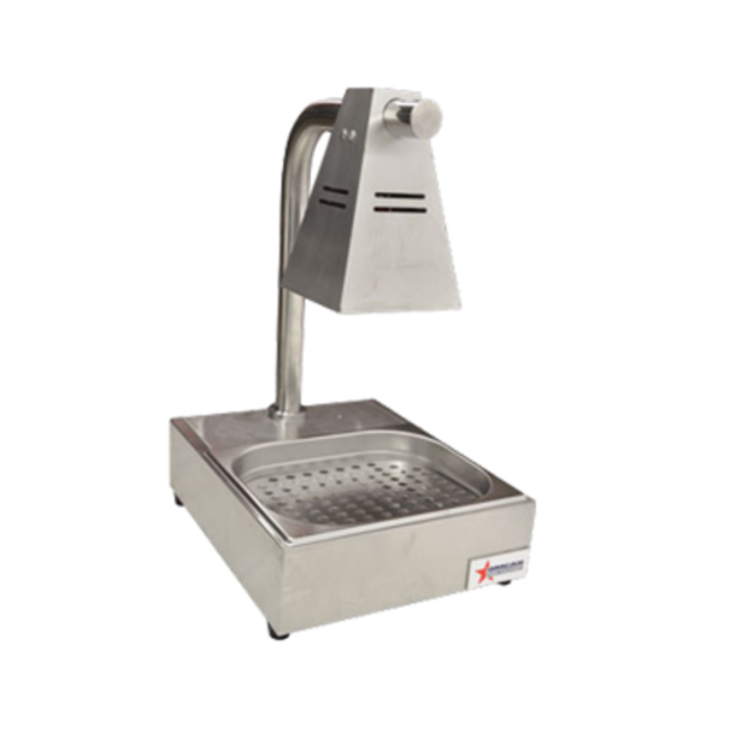 Alt Tag: Omcan 39602 Countertop Single Bulb Infrared Food and Fry Warmer stainless steel heat lamp countertop fried food warmer