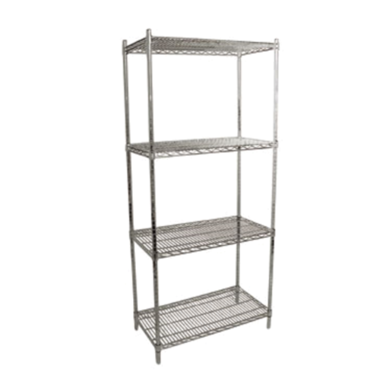 Alt Tag: Omcan 24227 Chrome Wire Vented Shelf with 772 lbs Capacity chrome plated 4-tier wire shelving unit for commercial kitchen storage