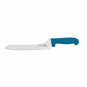 Alt Tag: Omcan 12434 9-Inch Off-Set Wave Edge Slicer Knife Blue with blue handle and serrated offset blade, side view
