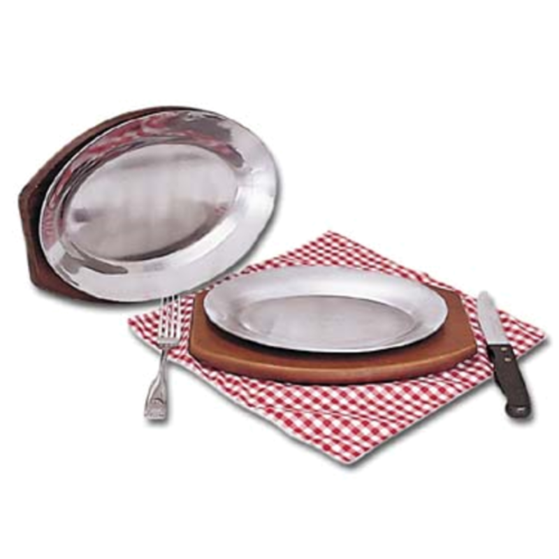 Hardwood Sizzle Platter Underliner With Oval Platter On A Checkered Cloth, Ideal For Serving Hot Dishes.