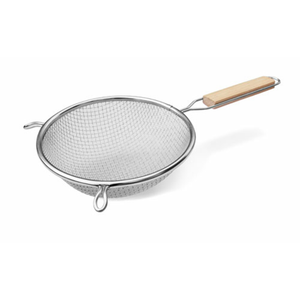 Omcan 80937 Professional Stainless Steel 8-inch Mesh Strainer for Commercial Kitchens with fine mesh basket and wood handle