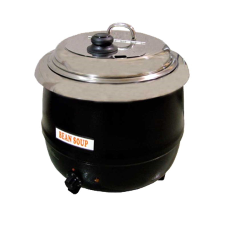 Omcan 19075 13.7 QT Commercial Electric Soup Warmer Kettle black soup kettle with stainless lid and temperature control knob
